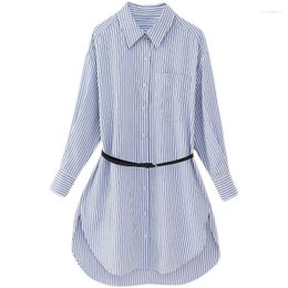 Casual Dresses SuperAen Europe Women 2023 Fashion Belt Striped Long Dress Sleeve Shirt