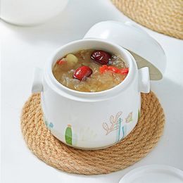 Bowls Japanese Ceramic Simple Stew Pot With Double Lid And Handle Creative Soup Bowl Household Steamed Egg Dessert Tableware