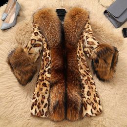 Women's Fur Faux Fur Winter Faux Fur Women's Leopard Print Coat Fashion Raccoon Dog Fur Warm Women Luxury Coats Women Loose Long Sleeve Elegant Coat HKD230727
