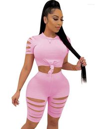 Women's Tracksuits Szkzk Sexy Ripped Two Piece Bodycon Set Women T Shirts Tops And Shorts Hollow Out Black Grey Outfits Party Night Club