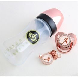 Baby Bottle 240ml Rose Gold Bottle And Pacifier Set With Chain Clip 26 Letters Bling Kit BPA Free 230727