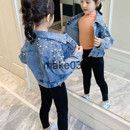 Jackets Pearls Long Sleeve Crop Jacket Girls 2023 Autumn Turn Down Collar Loose Short Coat Baby Singlebreasted Jeans Jackets XMP45 J230728