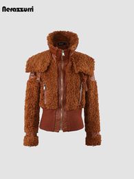 Women's Fur Faux Fur Nerazzurri Autumn Winter Chic Warm Pu Leather Patchwork Faux Fur Coat Women Zip Up Luxury Designer Clothes Fuzzy Fluffy Jacket HKD230727