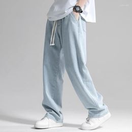 Men's Jeans Straight Elastic Waist Loose Denim Pants Cotton Summer Wide Leg Mens Clothes Lightweight Baggy