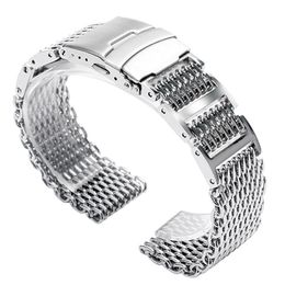 20 22 24mm Silver Black Stainless Steel Shark Mesh Solid Link Wrist Watch Band Replacement Strap Folding Clasp216s
