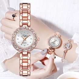 Wristwatches 2PCS Set Luxury Alloy Bracelet Quartz Watch With Rhinestone Diamond Dial Hidden Clasp For Women