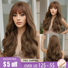 Cosplay Wigs Long Natural Brown Synthetic Wigs with Bangs Chestnut Brown Water Wavy Fake Hair Wig for Women Afro Daily Cosplay Heat Resistant 230727