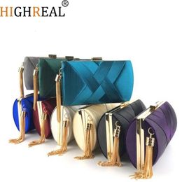 Evening Bags Satin Criss Cross Women Green Color Party Clutch Tassel Golden Metal Shoulder Chain Handbags 230727