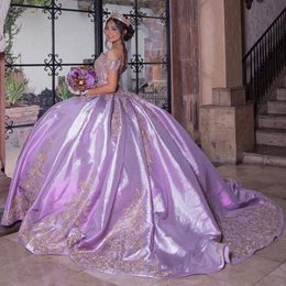 Lilac Lavender Princess Off Shoulder Quinceanera Dresses Puffy Skirt Gold Applique Corset vestidos de aniversario de 15 anos