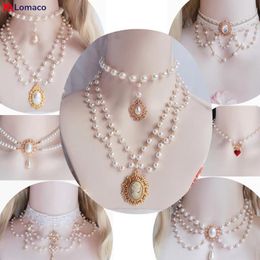 Charms Gorgeous Vintage Rococo Style Wedding Lolita Princess Multilayer Pearl Lace Gem Necklace Collarbone Chain Necklet 230727