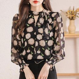 Women's Blouses Female Clothing Broken Flowers Blouse Fashion Cut Out Round Neck Spring Long Sleeve Shirring Commute Elegant Bandage Bow