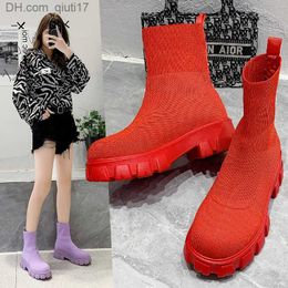Boots Women's Thick Sole Casual Big Red Knitted Ankle Boots Spring New Women's Socks Boots Women's Botas De Mujer Shoes Z230728