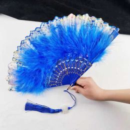 Chinese Style Products Feather Fan Craft Dance Folding Fan Retro Decorative Hanfu Lace Pendant Hand Fans Cosplay Performance Props