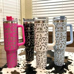 New With LOGO STOCK stanley quencher 40oz tumbler Leopard Print stainless steel handle lid straw big capacity beer mug water bottl199Z