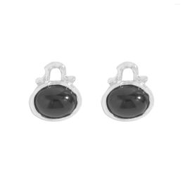 Hoop Earrings Small And Luxurious Design Pleated Texture Bag Black Agate 925 Sterling Silver Female