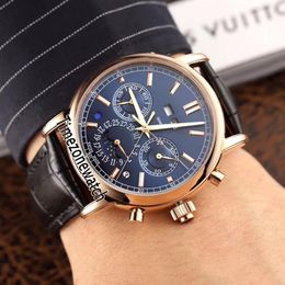 New 5204R-014 Automatic Mens Watch Moon Phase Complicated Rose Gold Blue Dial Perpetual Calendar Watches Black Leather Timezonewat246K