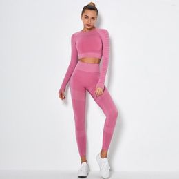 Women's Two Piece Pants K 2023 Seamless Knitted High Stretch Hip Yoga Set Slim Fit Long Sleeve Running Fitness For Women