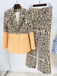 Women's Two Piece Pants Fashion Runway Designer High Quality Suit Set Chic Stylish Leopard Printed Colour Block Blazer Flare