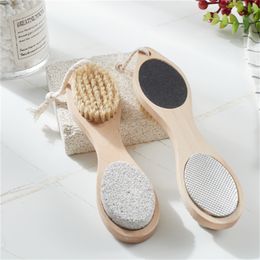 Foot Brush Pumice Stone Rasp File Exfoliating Stone Bamboo Handle Pedicure Tool 4 in 1 Multi-functional Foot Scrub JL7639