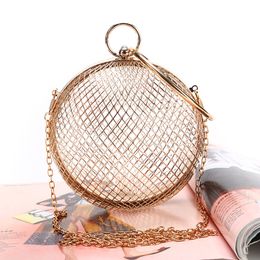Evening Bags Gold Metal Clutch Bag Luxury Handbags Women Designer Round Mini Hollow Purse Ladies Hand Prom Chain Crossbody 230727