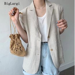 Womens Suits Blazers Summer Minimalism Women Black Casual Linen Blazer Notched Short Sleeve Loose Fit Jacket Fashion 230727