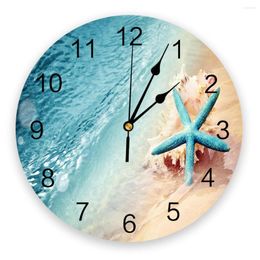 Wall Clocks Beach Sea Summer Theme Starfish Blue Large Clock Dinning Restaurant Cafe Decor Round Silent Home Decoration