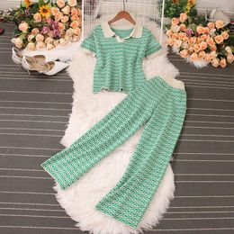 Women's Two Piece Pants Fashion Set Vintage Polo Neck Ice Silk Knit Top High Waist Straight Tube Wide Leg Sets Womens Outifits