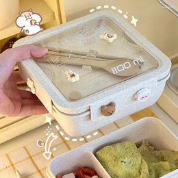 Dinnerware Sets Lunch Box For Kids School Adults Office Wheat Straw Cute Microwave Picnic Portable Big Bento With Spoon Chopsticks
