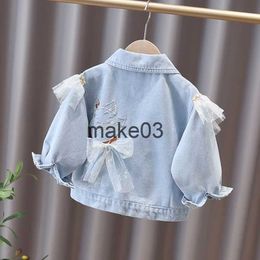 Jackets Spring Fall Fashion Girls Denim Jacket Falbala Full Sleeve Cartoon Cat Embroidery Casual Toddler Girl Lace Bow Jean Tops Outwear J230728