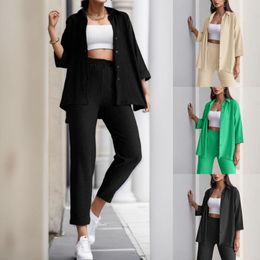 Women's Two Piece Pants 2023 Pant Sets Women Casual Long Sleeve Shirts High Waist Suit Solid Colour Shirt Tops And Trousers Pieces Outfits