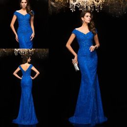 Royal Blue Mother of the Bride Dresses 2017 V Neck Short Sleeves Beads Lace Mermaid Long Formal Evening Gowns Custom Elegant258u