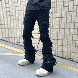 Men's Jeans High Street Ripped Tassel Frayed Black Flare Pants Straight Solid Colour Washed Retro Unisex Baggy Denim Trousers