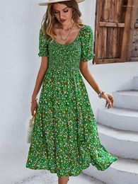 Casual Dresses Ladies Sexy Vintage Floral Print Boho Summer Dress Women Elastic Bohemian Beach Sundress Robe Vestidos Female