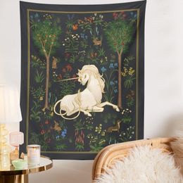 Decorative Objects Figurines Mythical Unicorn Tapestry Wall Hangings Forest Fantasy Aesthetic Room Decor Heraldic Mediaeval Art Fairytale Anime 230727