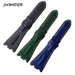 JAWODER Watchband 28mm NEW Black Blue Drak Blue Stitched Line Waterproof Genuine Leather Watch band Strap Without Buckle for ROYAL305N