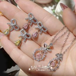 Necklace Earrings Set Sisi Titok Live Christmas Bow Gift Plated 18K Micro-inset Rose Powder Pendant