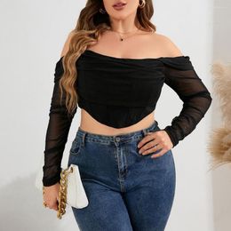 Women's T Shirts Black White Crop Top Off Shoulder Mesh Oversized Long Sleeve T-shirts Large Summer Clothes For Chubby Woman Blouse Bra &