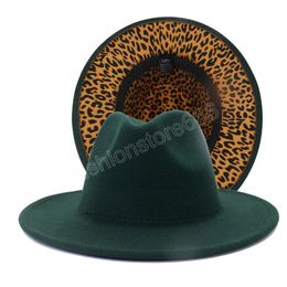 Outer Green Inner Leopard Patchwork Wool Felt Jazz Fedora Hats Women Men Winter Green Panama Two Tone Party Formal Hat