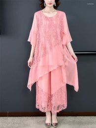Women's Two Piece Pants Light Luxury Mulberry Silk Splice Lace Set Loose Fashion Temperament Long Ladies Elegant Tops And Suit Outfits Z2013