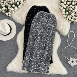 Skirts Korean Fashion Midi Skirt Women's High Waist Side Seam Sequins Party Pencil Skirts Women's Casual Mid length Jupe Direct 230727