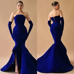 Royal Blue Mermaid Evening Dresses Strapless Velvet Party Prom Dress Sweep Train Long Dress for red carpet special occasion