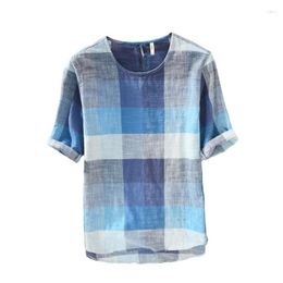 Men's T Shirts Artistic Cotton Linen Plaid Short Sleeved Loose Casual Square Solid Color Versatile Large T-shirt