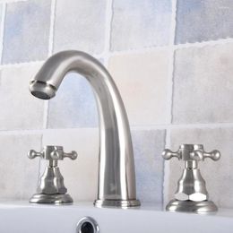 Bathroom Sink Faucets Brushed Nickel Mixer Faucet Two Handles 3 Hole Basin Cold Water Taps Nnf695