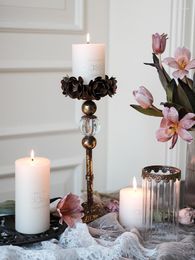 Candle Holders Retro Nostalgic Rose Flower Iron Glass Holder Home Living Room Romantic Dinner Decoration