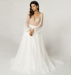 Boho Sexy Wedding Dress 2023 Deep V Neck Full Puff Sleeve Beading Back Lace Up Netting A Line Boho Bridal Gowns Vestidos De Noiva