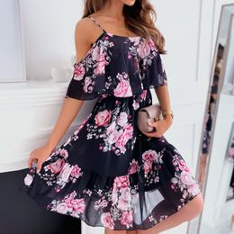 Basic Casual Dresses Woman Floral Print Dress Summer Fashion Spaghetti Strap Off Shoulder Sleeveless Dresses Holiday A-Line Mesh Fabric Vestidos 230728