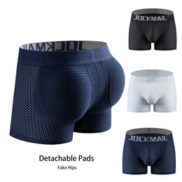 Underpants Fake Hips For Men Butts Lifter Boxer Briefs Detachable Pads Cool Comfort Males Mesh Underwear Shorts Blue White Black 230727