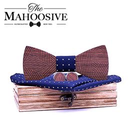 Neck Ties Men's Plaid Wooden Bow Tie Set Striped Wood Bowtie Handkerchief Cufflinks Sets With Wood Box For Men Wedding Gift 230728