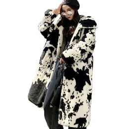 Women's Fur Faux Fur 2023 Winter Parka Jacket Faux Fur Women Thickened Cow Pattern Hooded Fur Coat Lengthened Oversize Overcoat Veste Fourrure Homme HKD230727