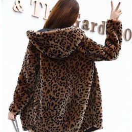 Women's Fur Faux FemaleWinter Outwear New Imitation Coat Overcoat Long Fashion Leopard Print Loose Leisure Hooded Clothing Thickening HKD230727